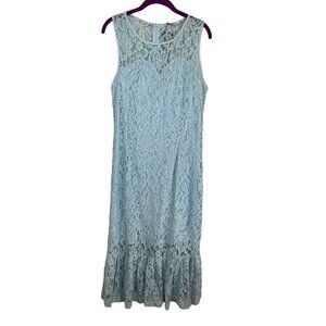 Angvns Dress XL Blue Floral Lace Maxi Feminine Dainty Boho Retro 80s Western